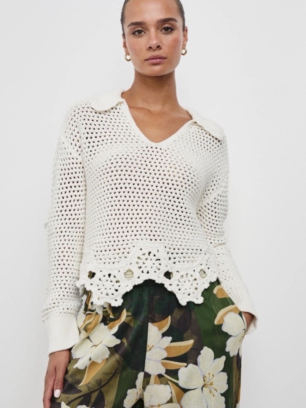 Rails Louise Crochet V‑Neck Collar Sweater - Ivory XS